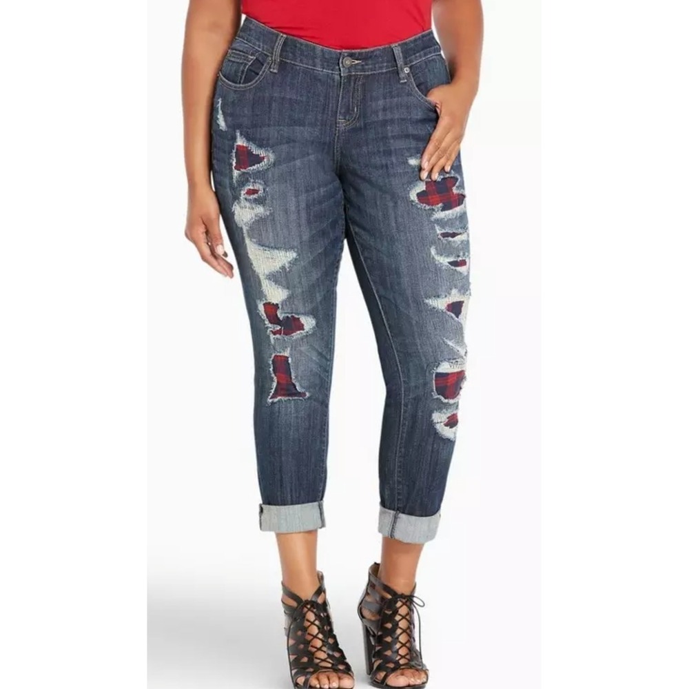 Torrid Premium Boyfriend‎ Jeans Dark Wash Distressed Buffalo Plaid Size 24s